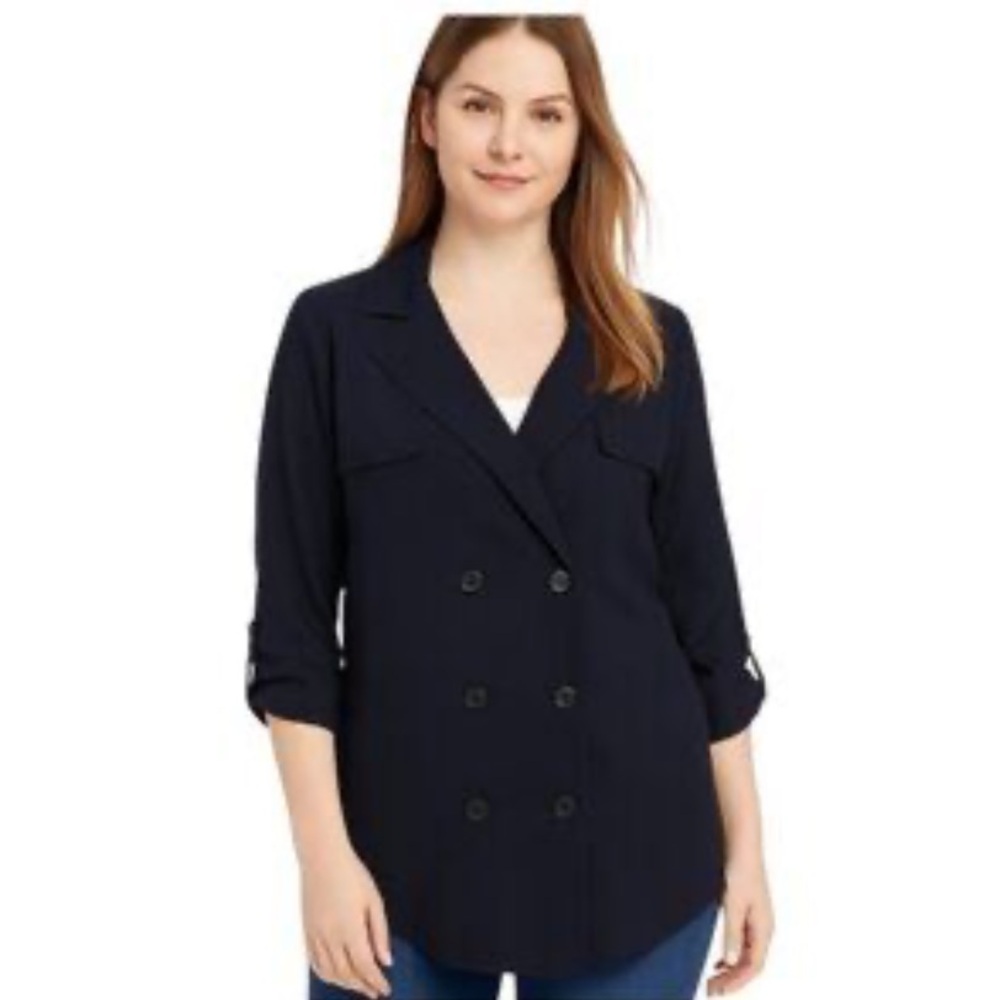 Pearl by Lela Rose Navy Double Breasted Navy Top Blouse Size Medium